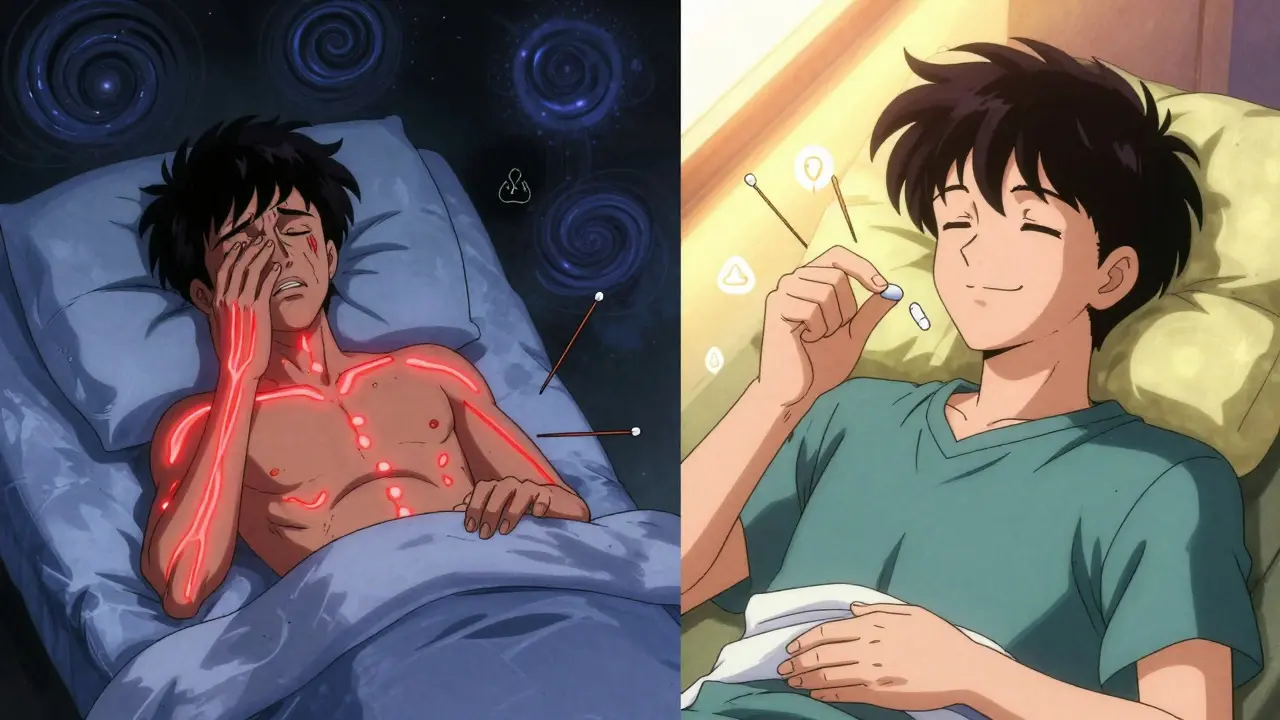 A person experiencing withdrawal symptoms on one side, and peaceful recovery on the other, with healing aids nearby.