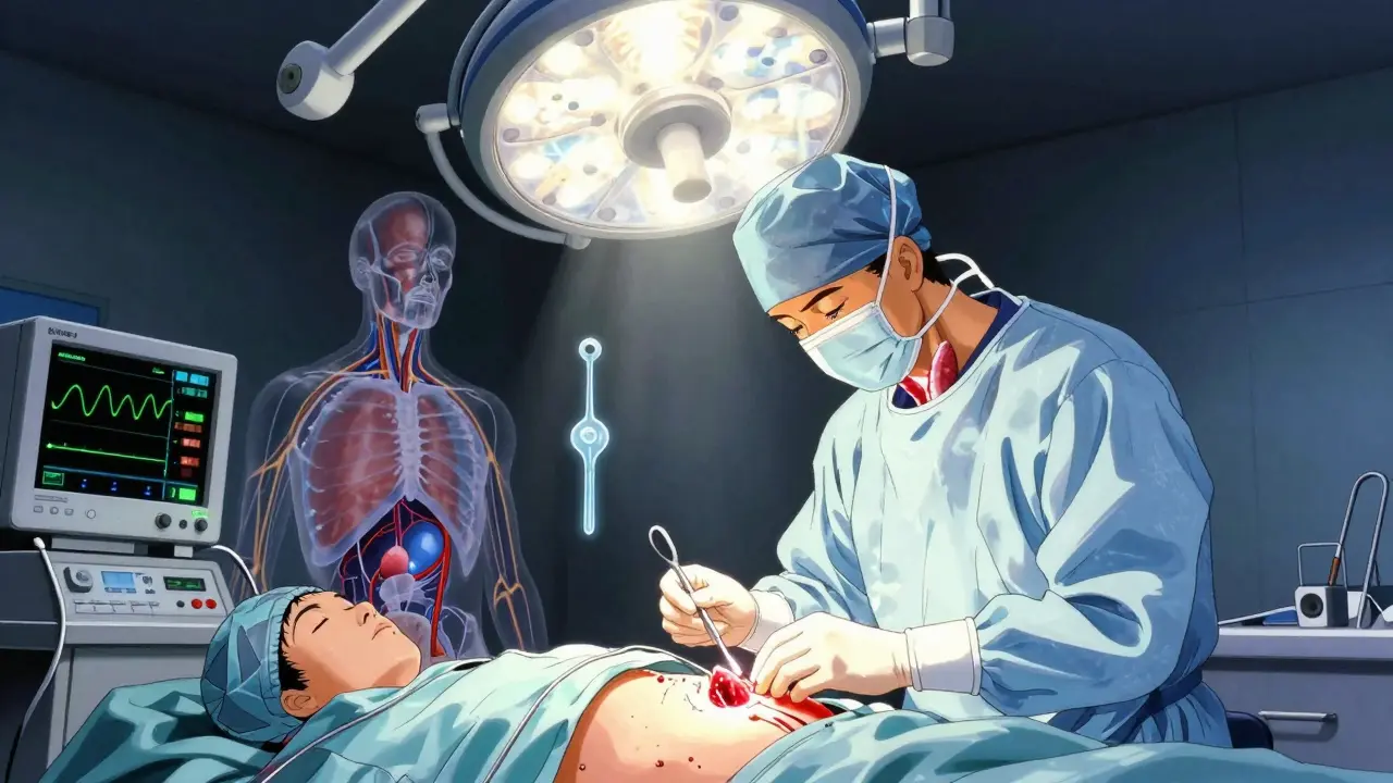 A surgeon carefully removing a glowing thyroid gland during a total thyroidectomy, with anatomical overlays visible.