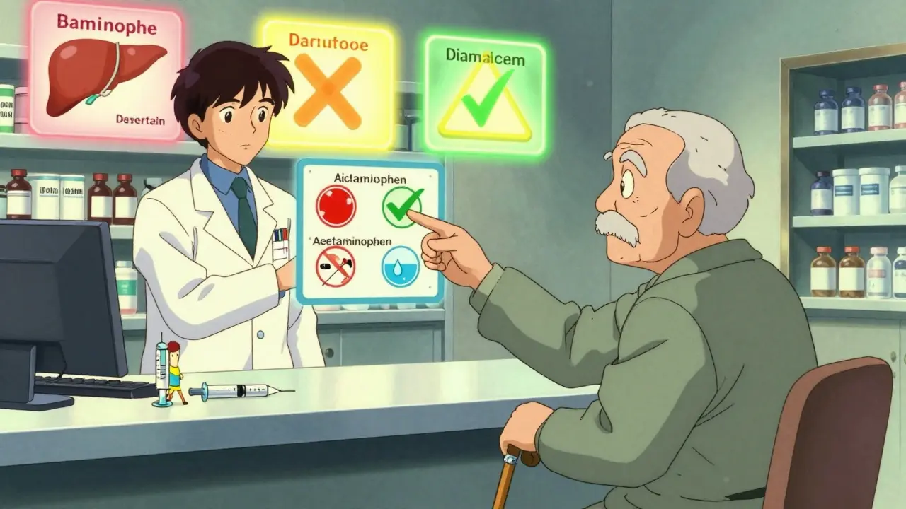 An elderly man and pharmacist reviewing drug interactions with animated warning icons at a pharmacy counter.
