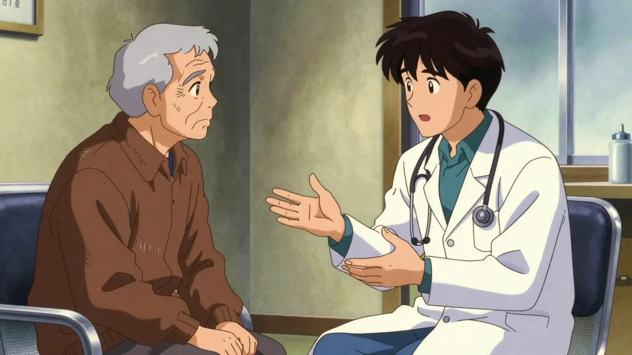 Doctor explains medical advice to a concerned older patient in clinic.