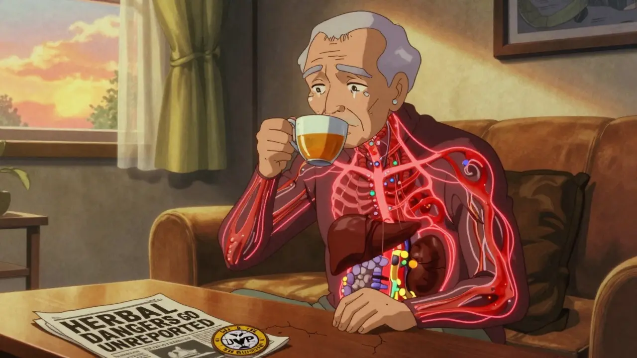 Elderly man drinking turmeric tea, body glowing with dangerous energy pulses.