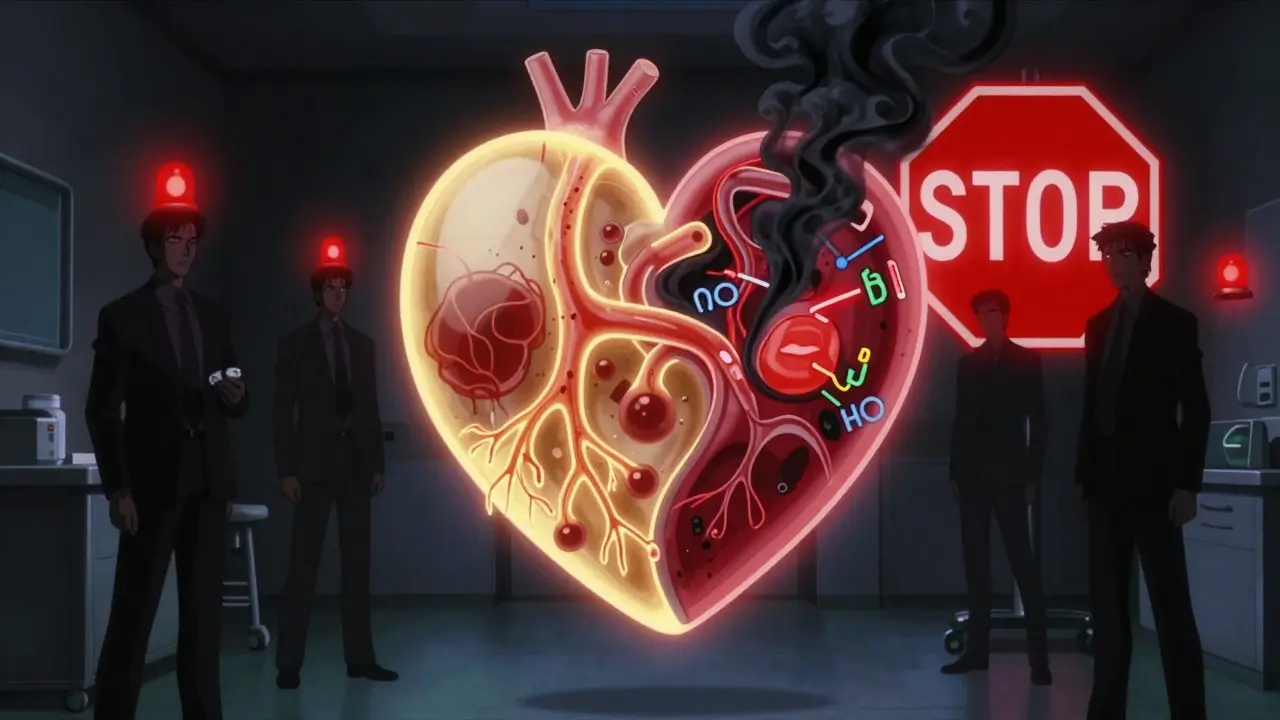 Glowing heart diagram showing dangerous drug interactions with warning signs