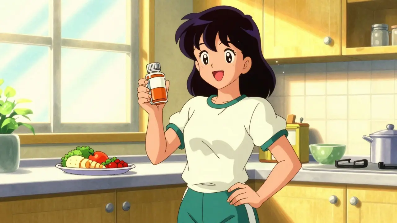 Healthy person holding vitamins in a bright kitchen setting.