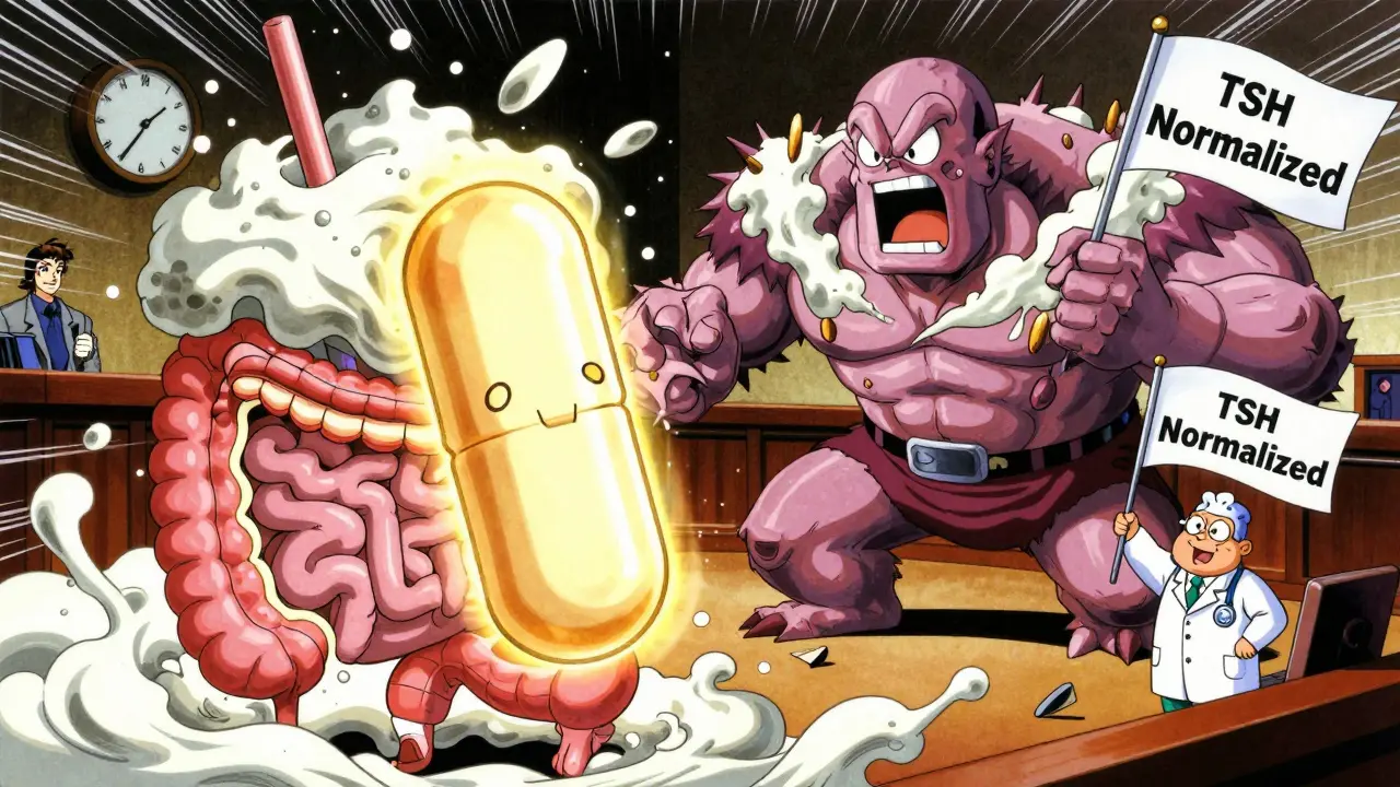 Levothyroxine pill battling a protein shake monster in the digestive tract, clock ticking to 4 hours.