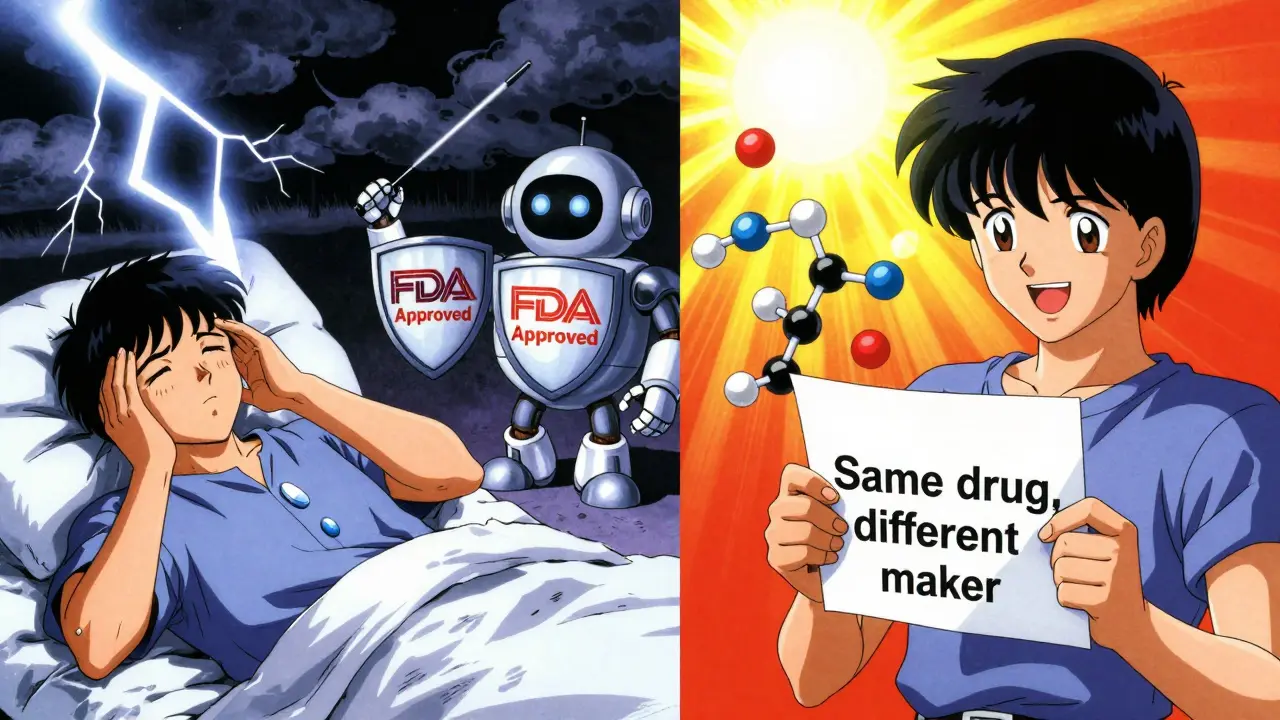 Patient reacting to pill change, then smiling with a note confirming same drug, surrounded by stylized generic manufacturer mascots.