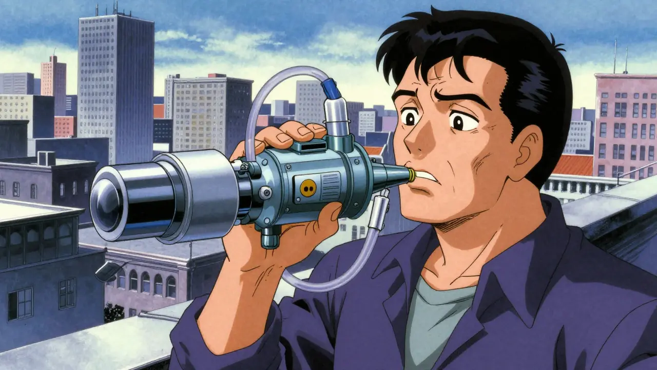 Patient struggles with using a complex medical inhaler device outdoors.