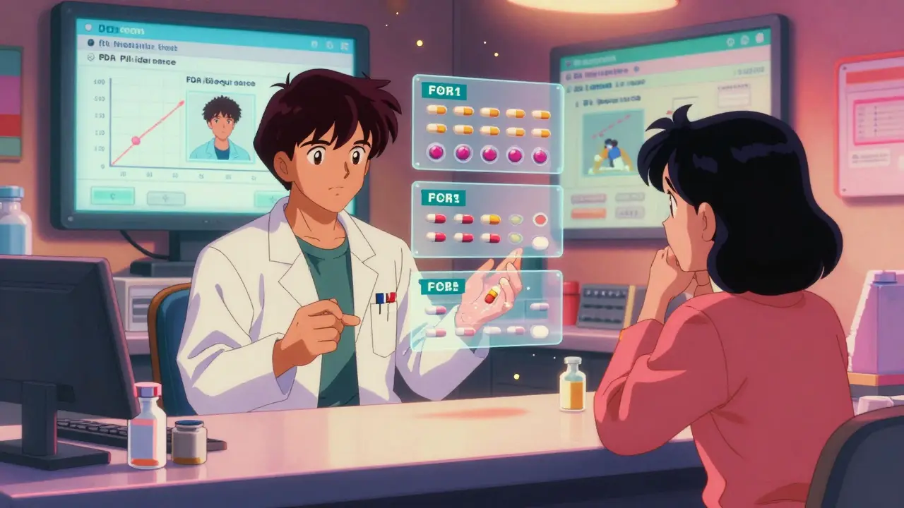 Pharmacist explaining pill differences to a patient, with floating FDA data panels and neon-lit pharmacy shelves.