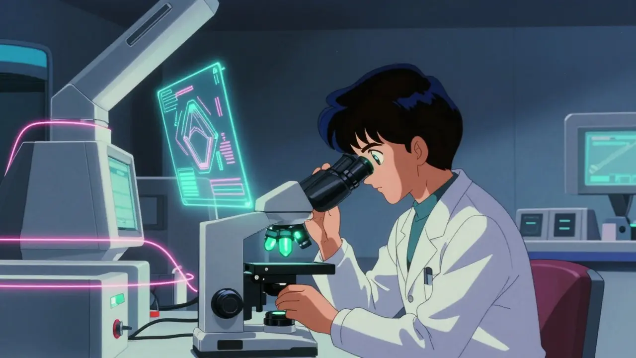 Researcher using microscope in neon-lit futuristic laboratory