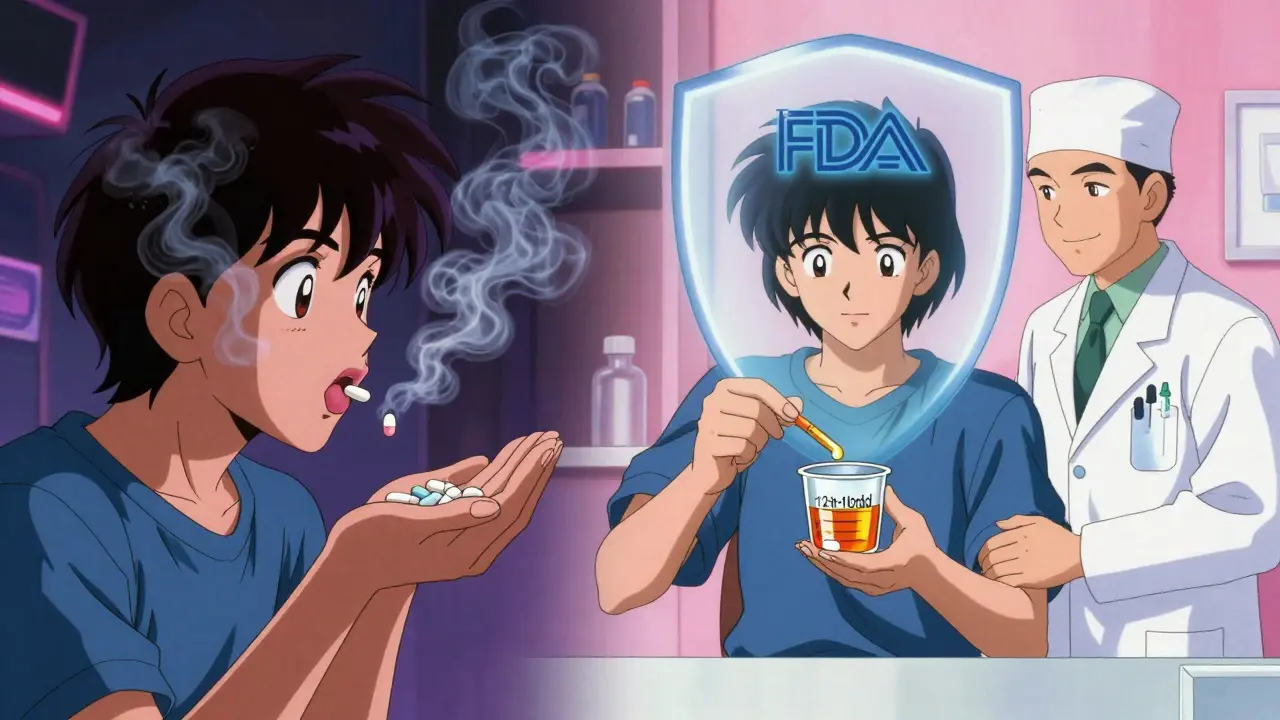 Split scene showing dangerous overuse of OTC meds vs. safe dosing with a pharmacist’s guidance.