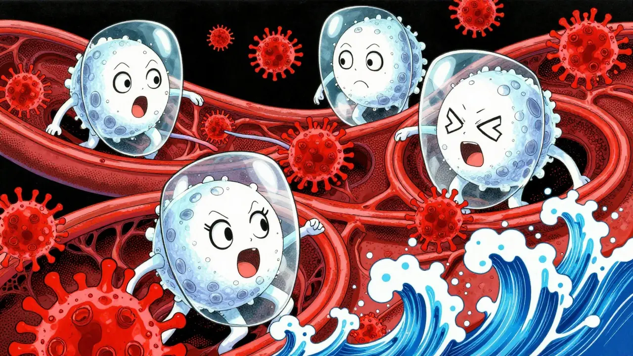 Stylized immune cells defending against viruses in vintage manga art