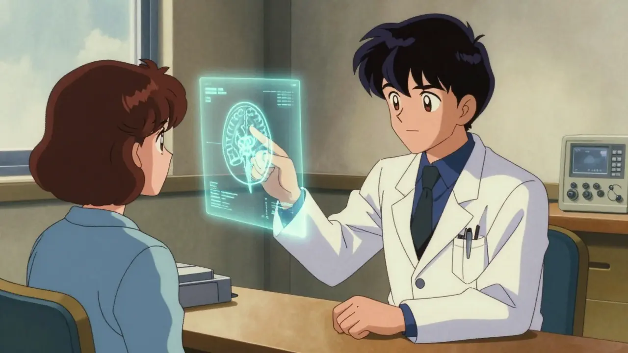 80s anime doctor explaining a holographic brain scan to a patient in an office