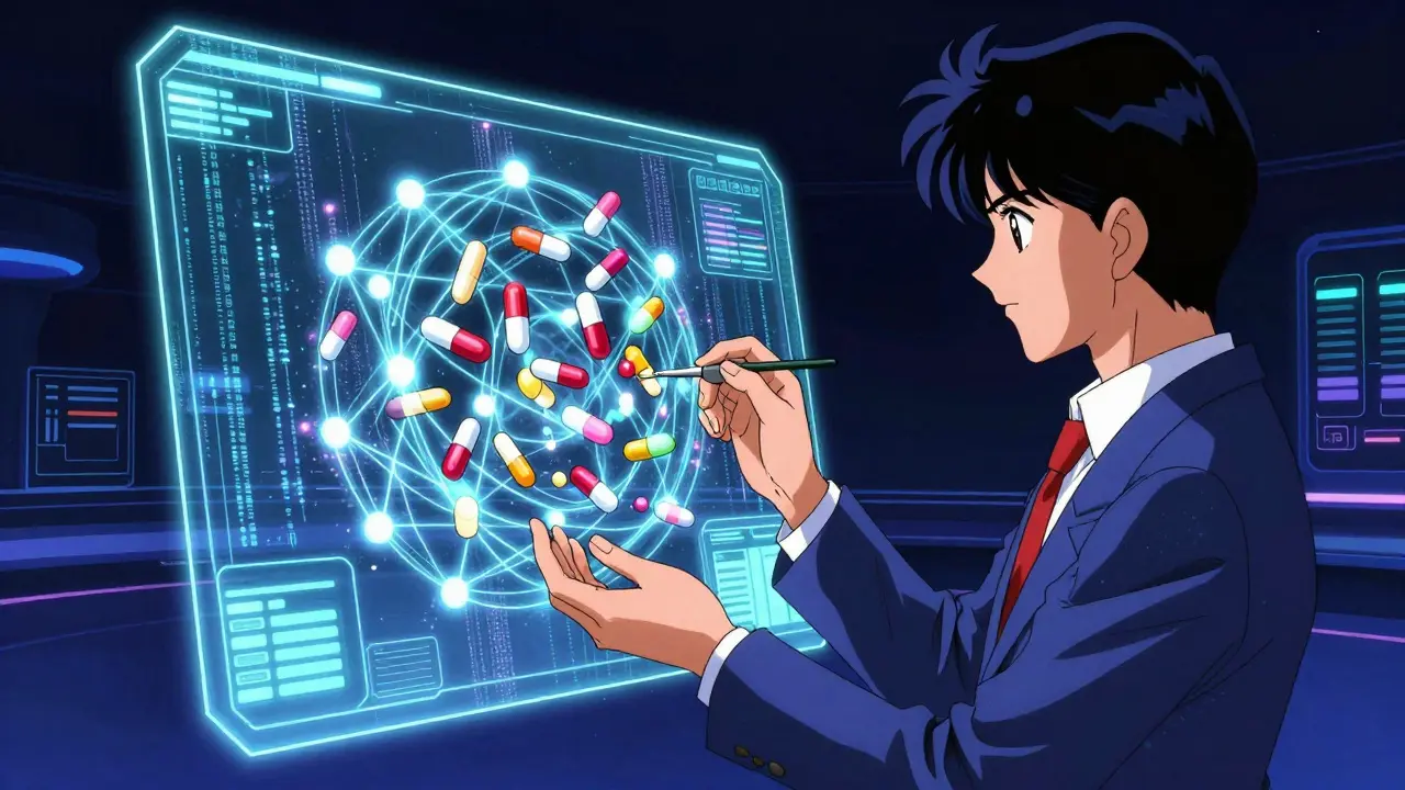 80s anime style holographic AI network analyzing multiple floating colorful medicine pills