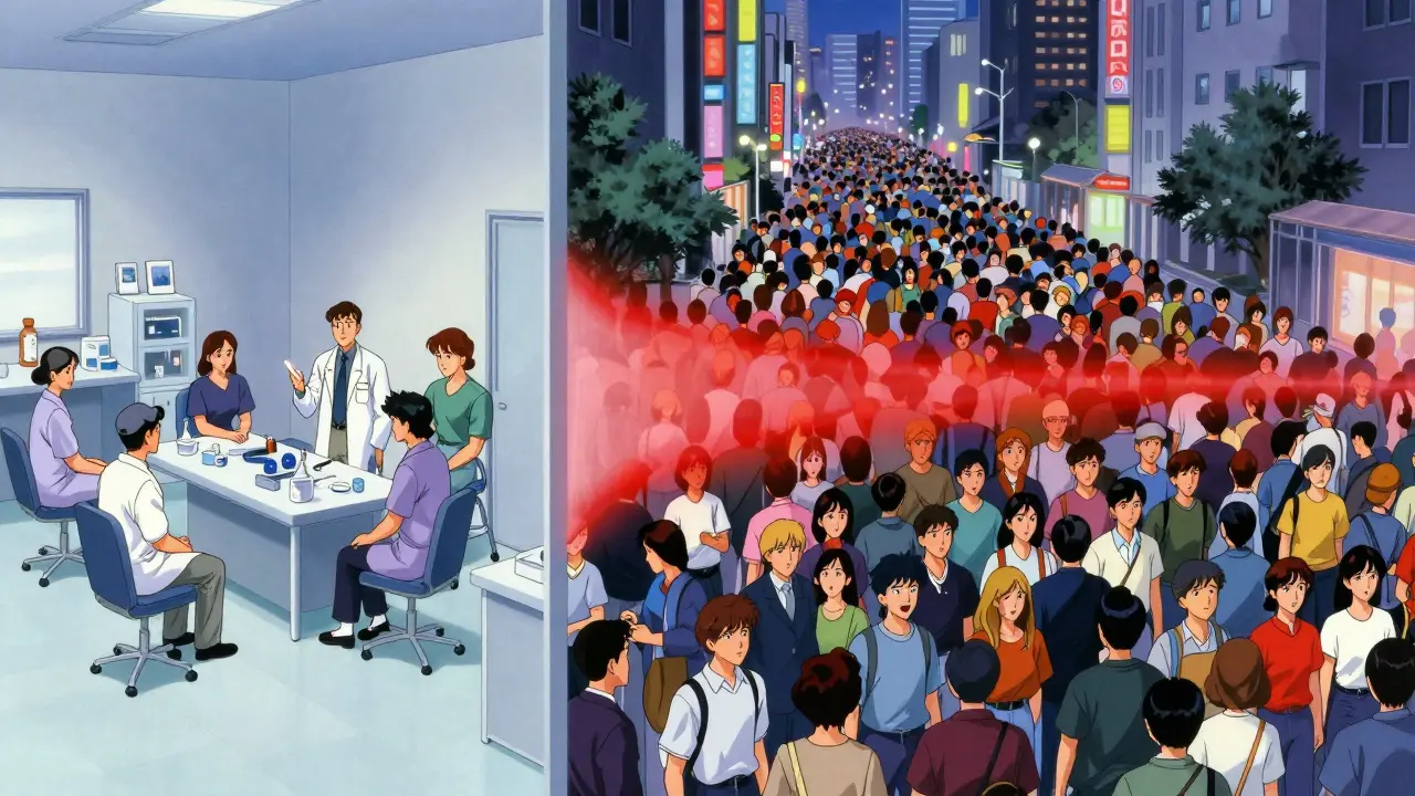 80s anime style split screen comparing a small clinical trial group to a massive diverse city crowd