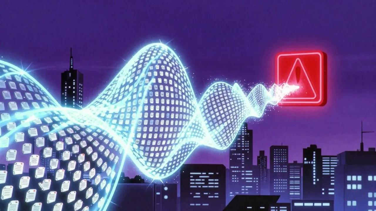 A digital signal rising from reports to create a warning sign in 80s anime style