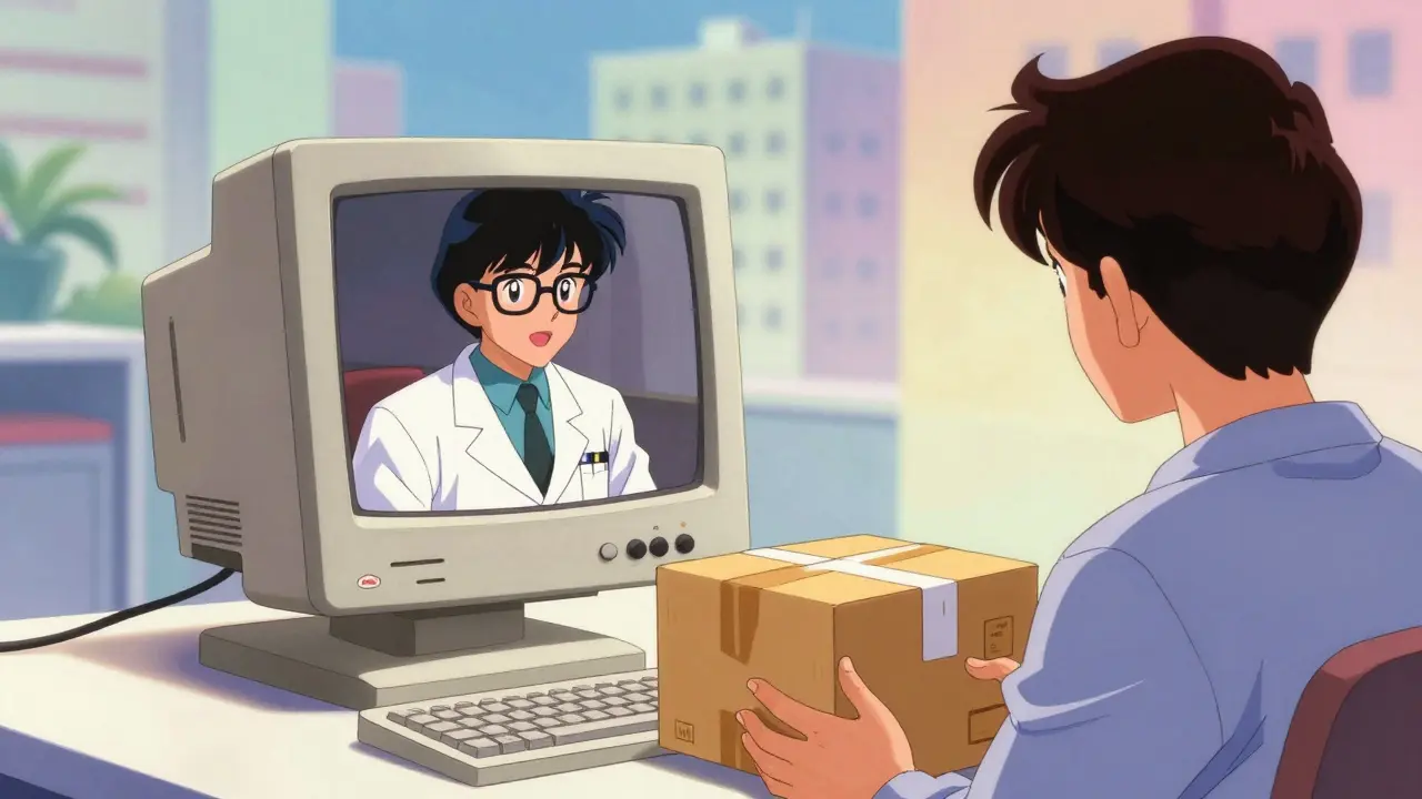 A person receiving a telehealth consultation and medicine delivery in 80s anime style.