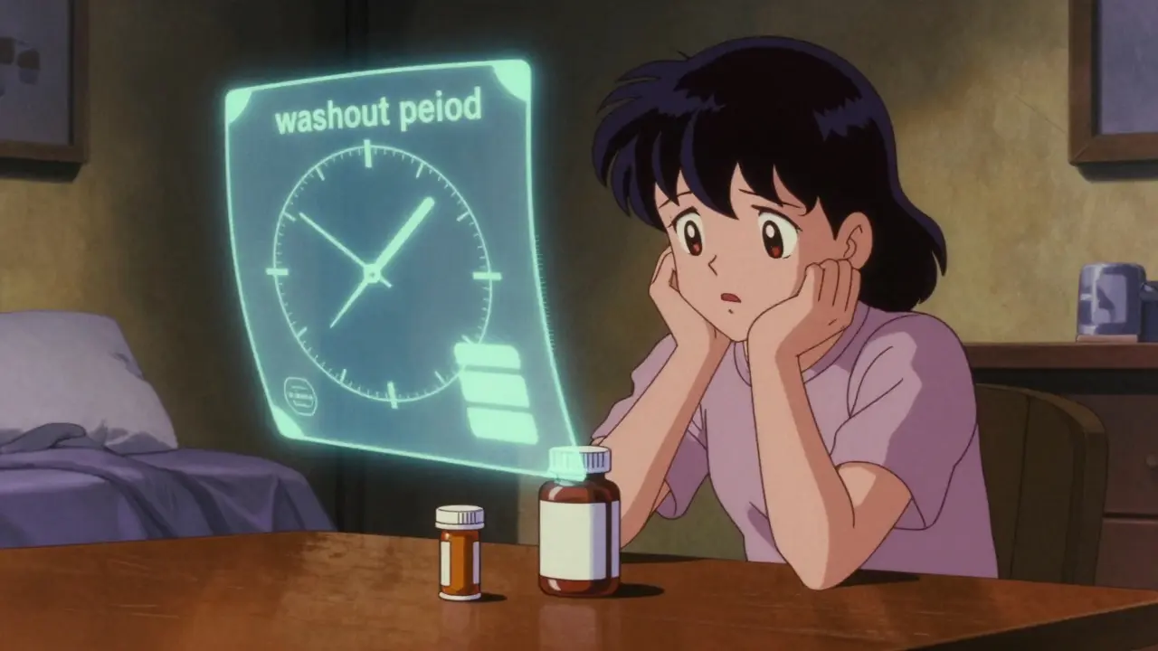 Anime character cautiously considering medication and supplements with a floating time symbol.