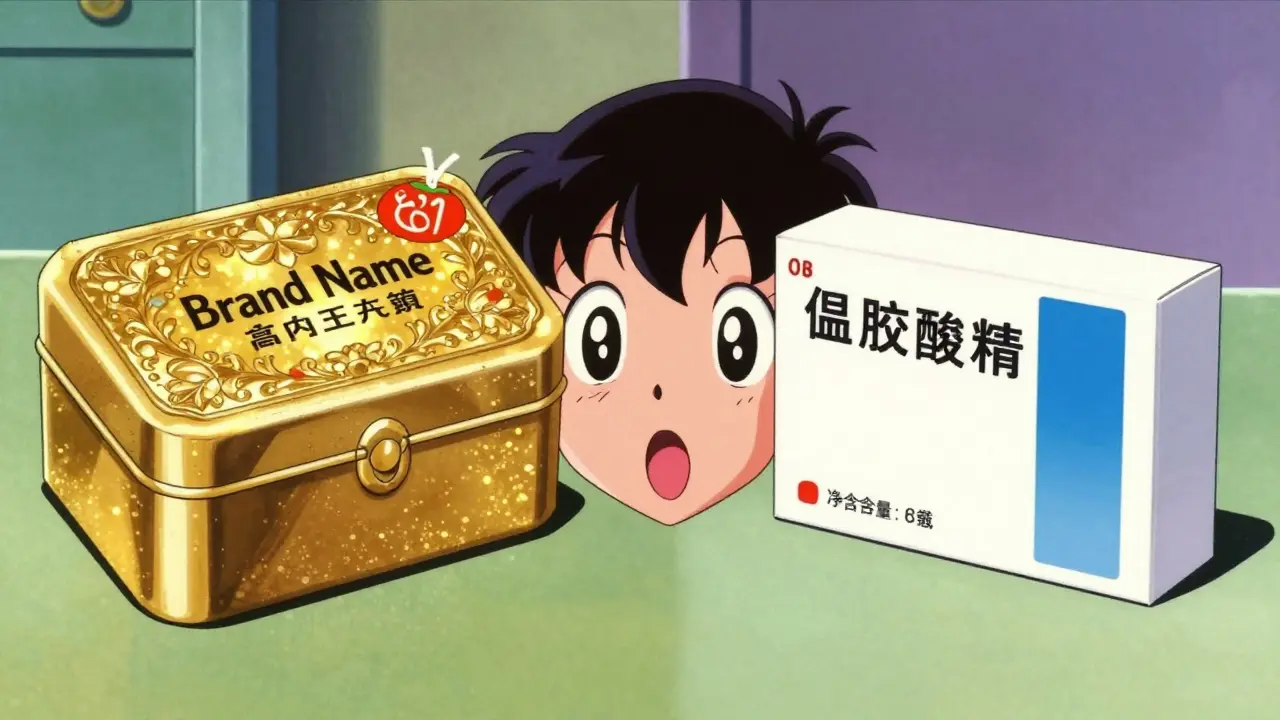 Comparison between expensive brand-name and affordable generic medicine in 80s anime style.