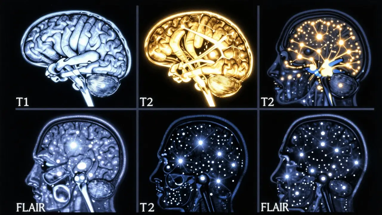 Conceptual 80s anime visualization of brain MRI sequences showing different glowing patterns