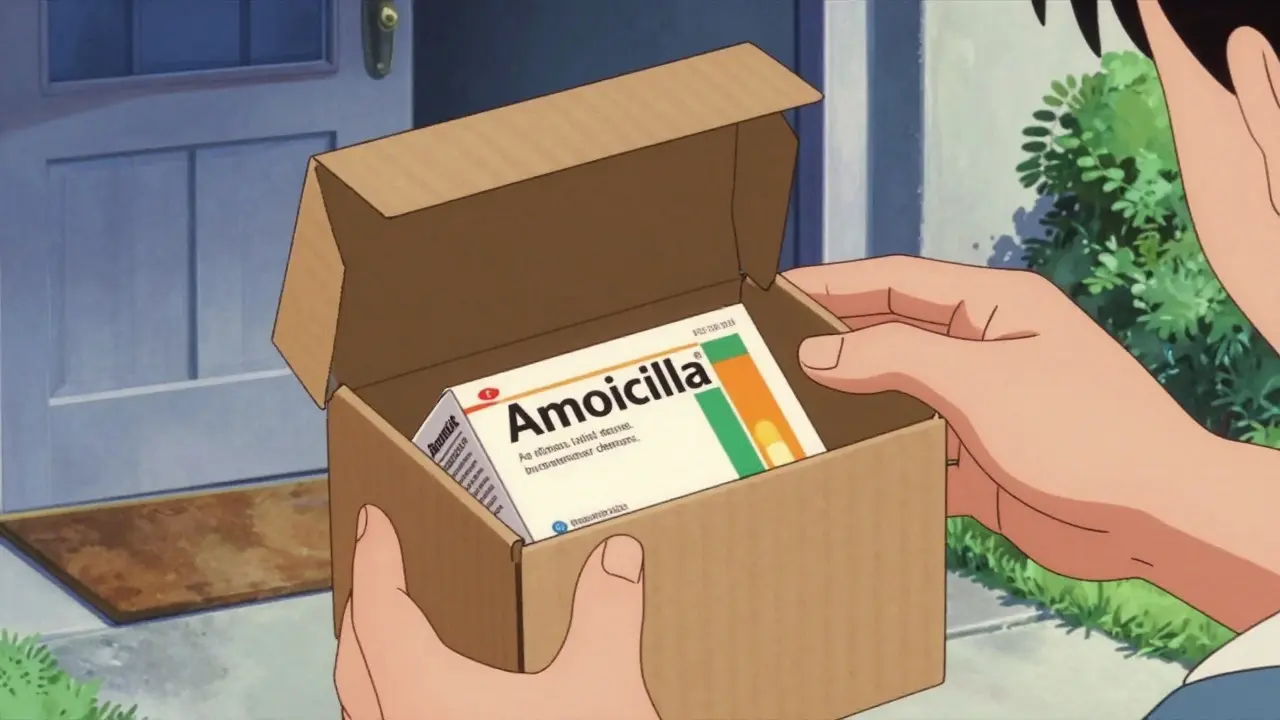 Hands opening a delivered package of generic amoxicillin capsules