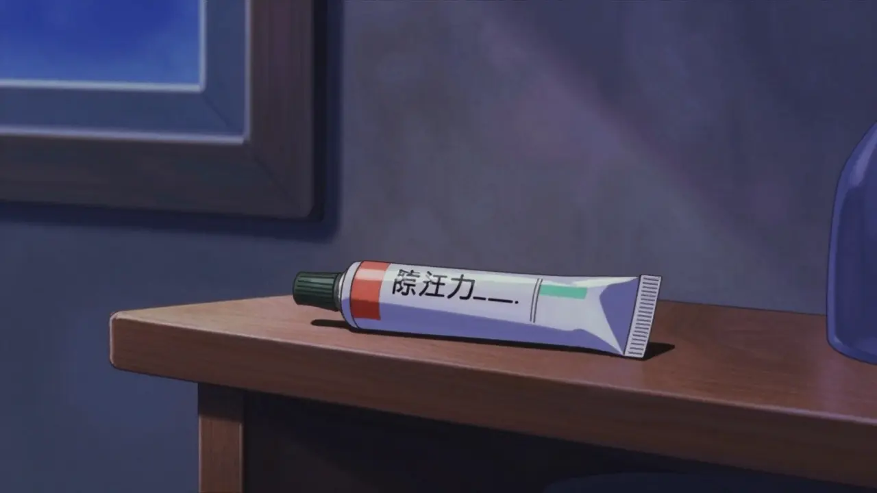 Medication tube stored safely on a wooden shelf