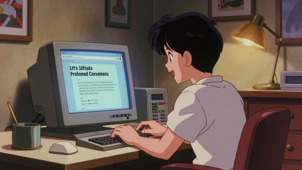 Person finding cheap generic medicine online on a vintage computer