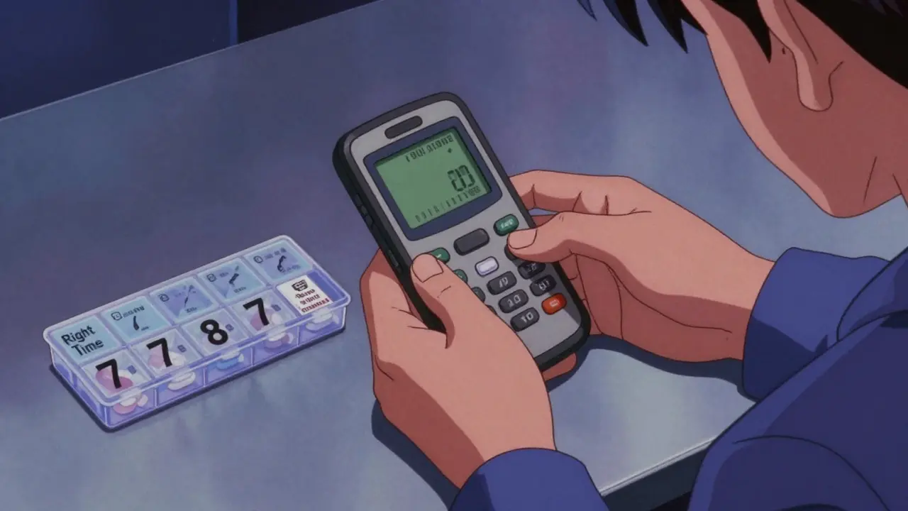 Person using a digital reminder next to a weekly pill organizer