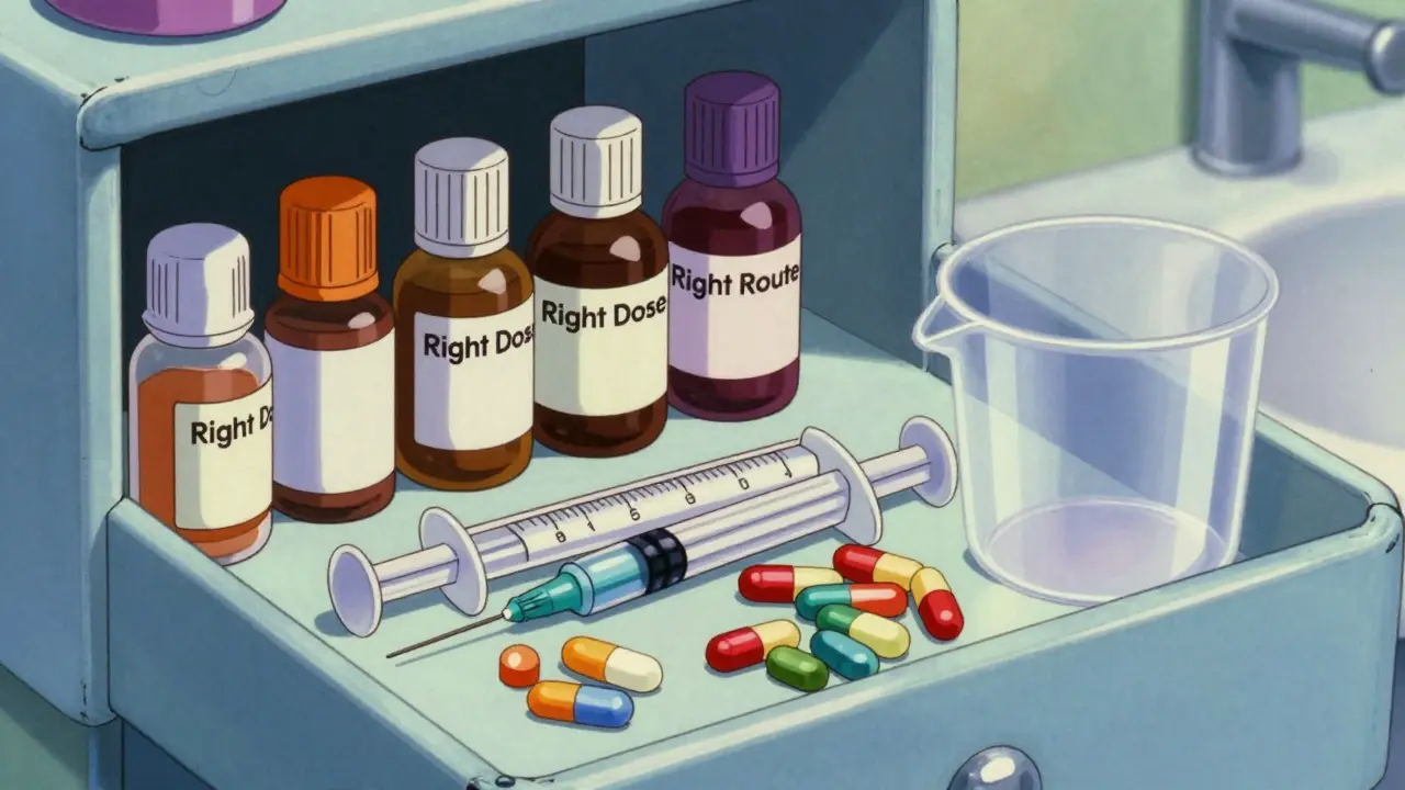 Precise medical measuring tools and medications in a cabinet