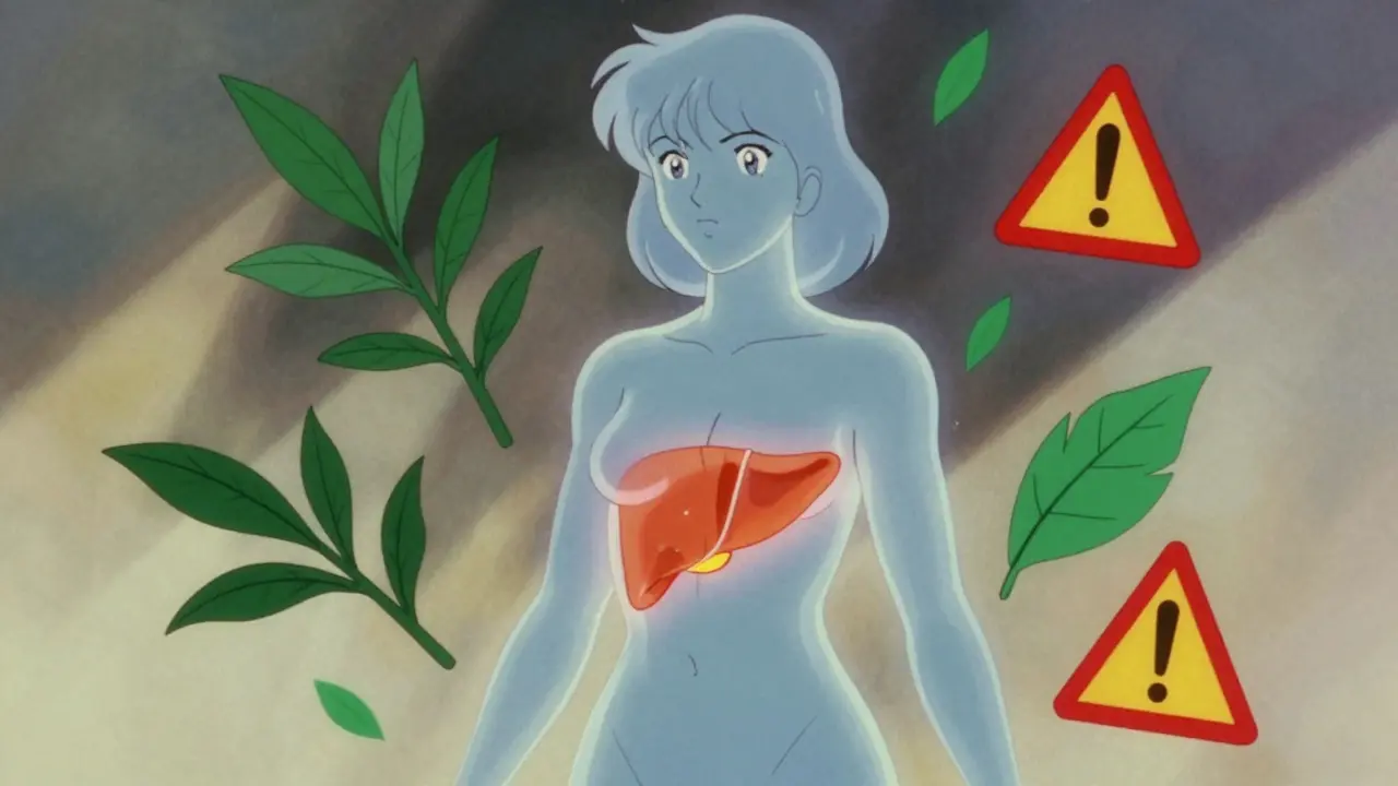 Silhouette of person showing glowing liver surrounded by floating herbal leaves