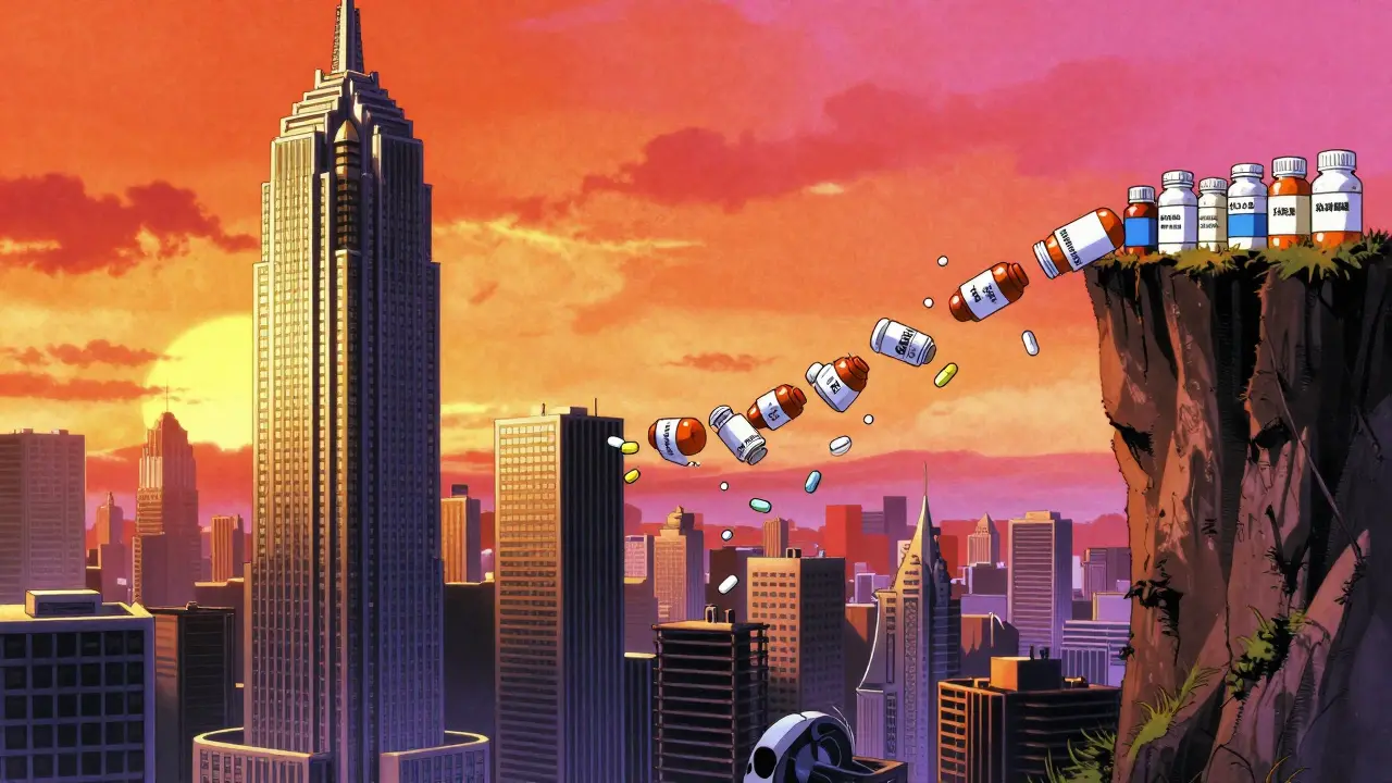 Split-screen 80s anime art showing a luxury tower and a steep cliff of falling medicine.