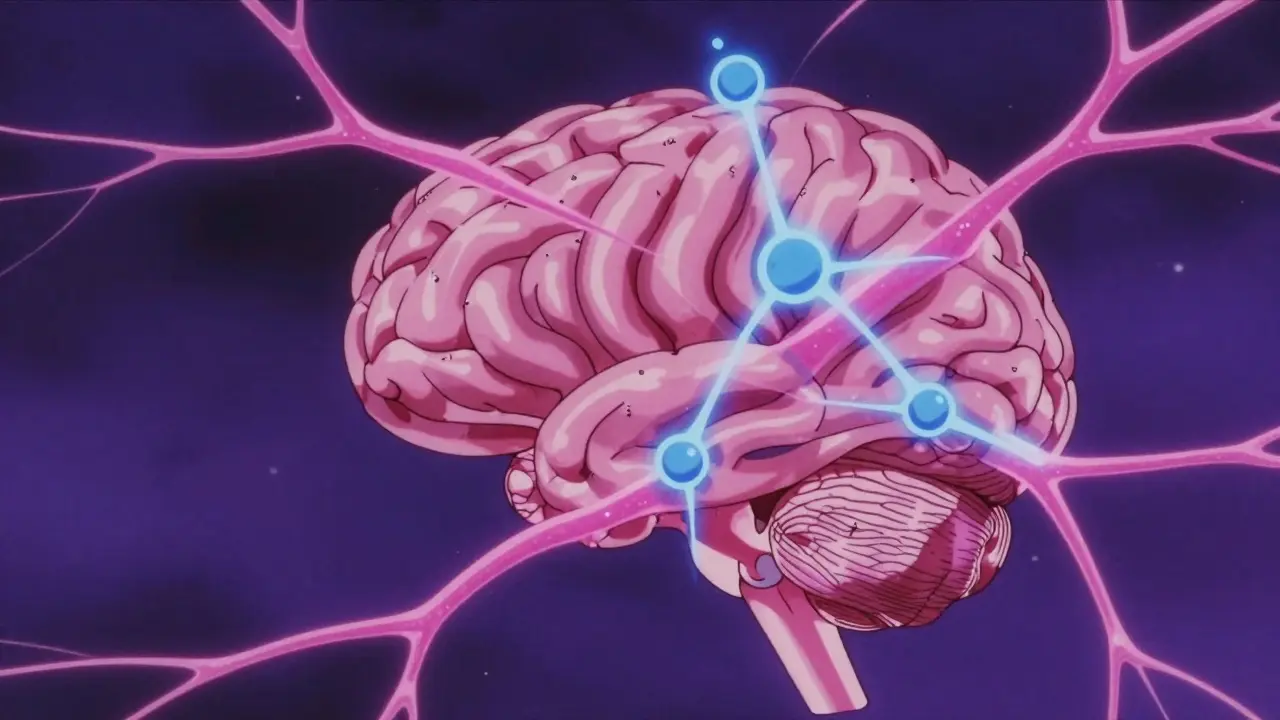 Stylized anime depiction of serotonin overload in the brain with neon electric sparks.