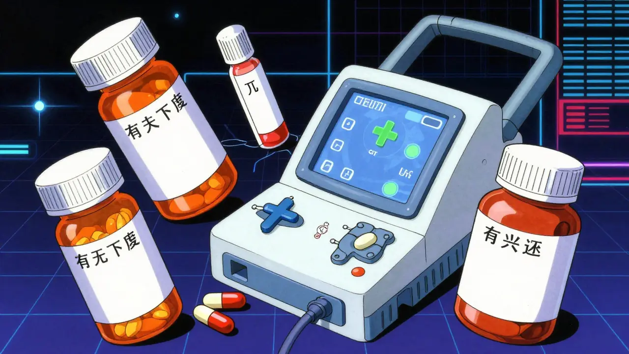 Various medications and medical devices over a digital grid in 80s anime style