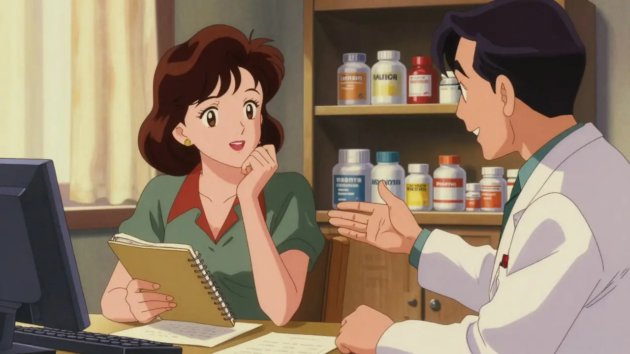 Woman in eighties style discussing health with doctor at a desk